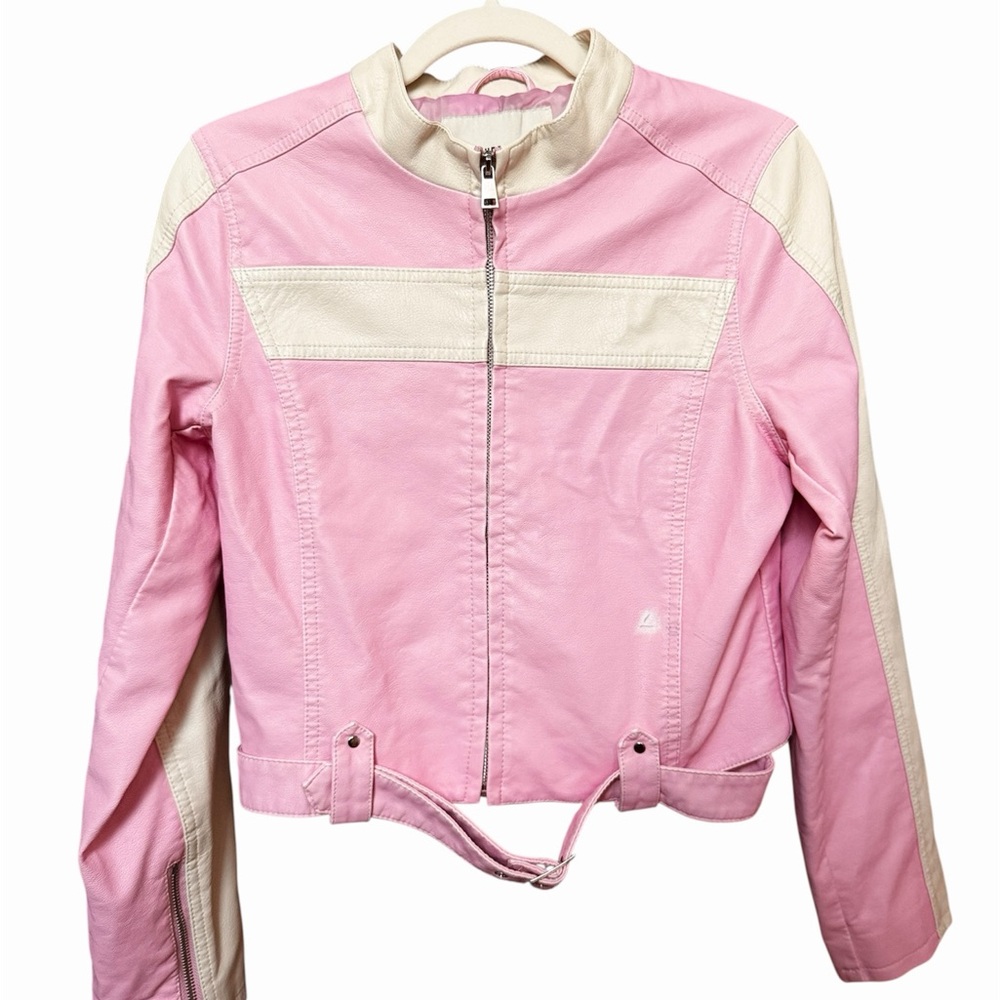 Urban Outfitters Jordan Pink and Cream Cropped Moto Jacket